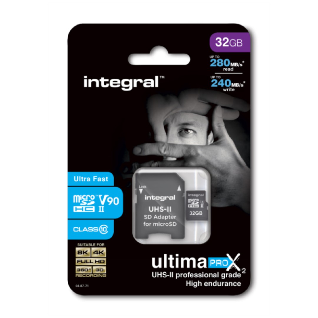 Spominska kartica SDHC-Micro 32GB Integral UltimaPro X2 380MB/s/240MB/s U3 V90 UHS-II +adapter (INMSDH32G-280/240U2)