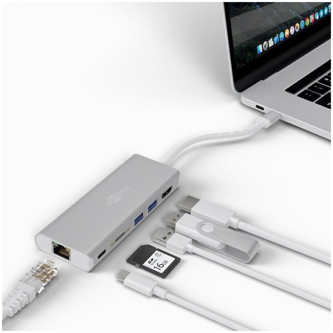 GOOBAY USB-C / RJ45 + HDMI + 2x USB 3.0 + USB-C + SD reža srebrn multi - adapter