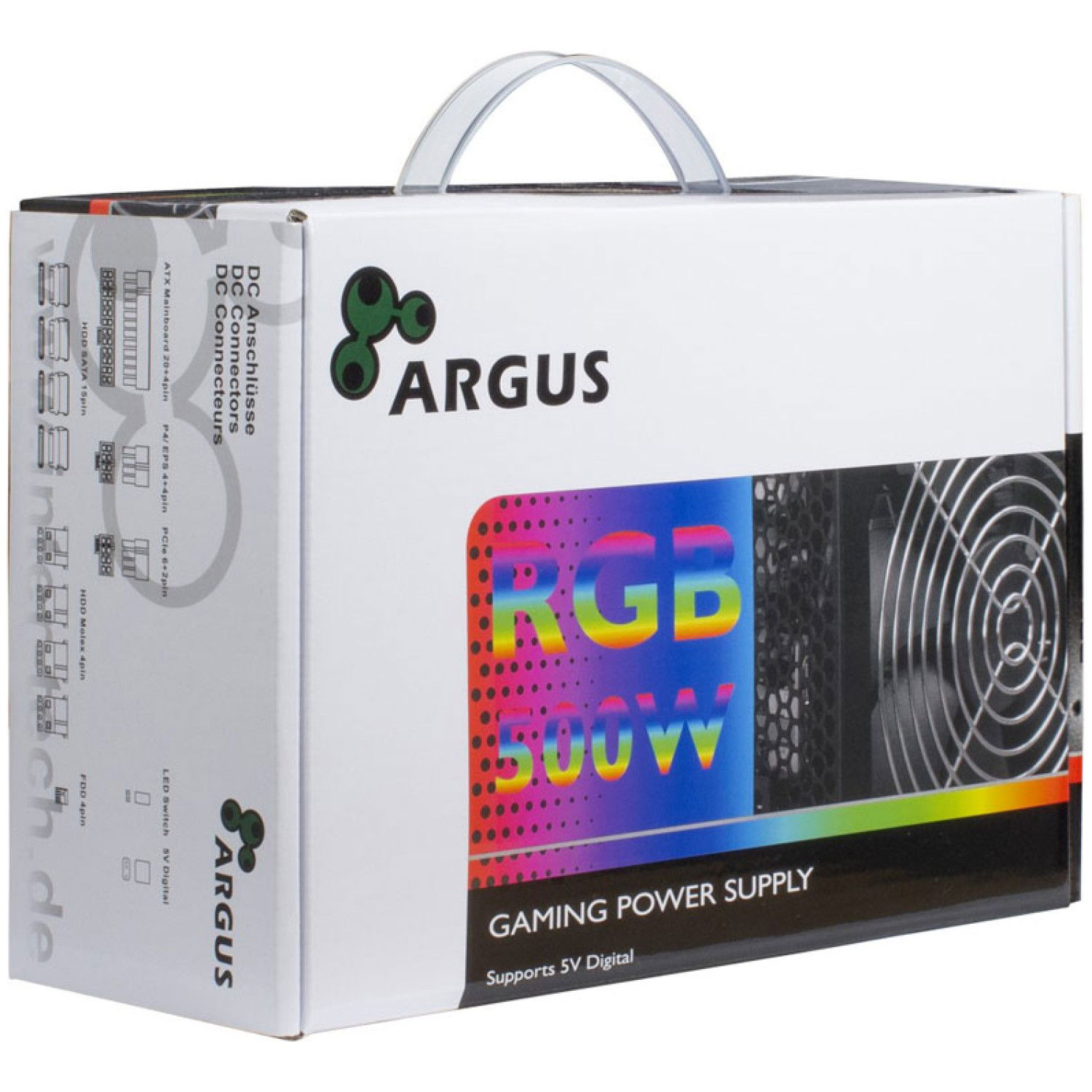 ki jih je mogoče upravljati ročno z gumbom ali preko 3-pin 5V RGB konektorja. Stransko okno iz pleksi stekla z vgraviranim logotipom Argus poudarja vaš računalnik. Argus RGB-500W II