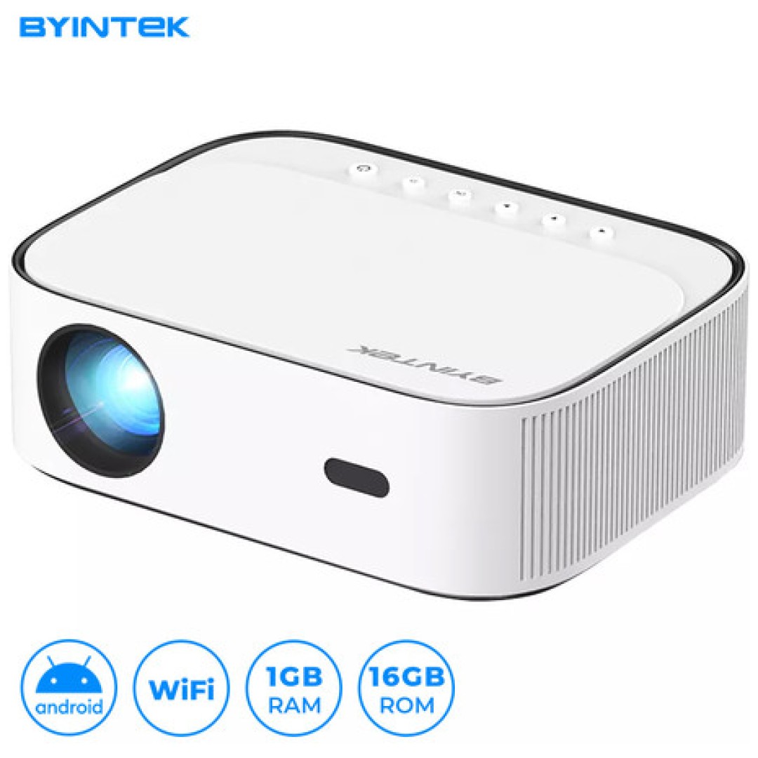 Projektor BYINTEK K45 prenosni LED FHD 1080p Android WiFi Bluetooth 700 ANSI lumnov dvojni zvočniki HDMI bel