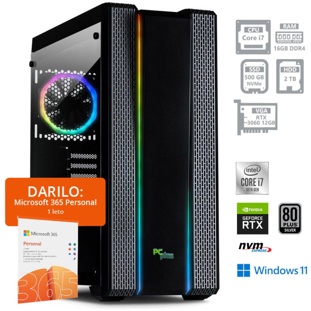 PCPLUS Dream machine i7-10700F 16GB 512GB SSD 2TB HDD RTX3060 Windows 11 Home + darilo: 1 leto Microsoft 365 Personal namizni računalnik