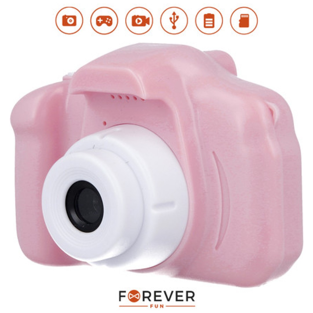 Fotoaparat kompaktni otroški FOREVER SKC-100 igre polnilna baterija SD kartica roza