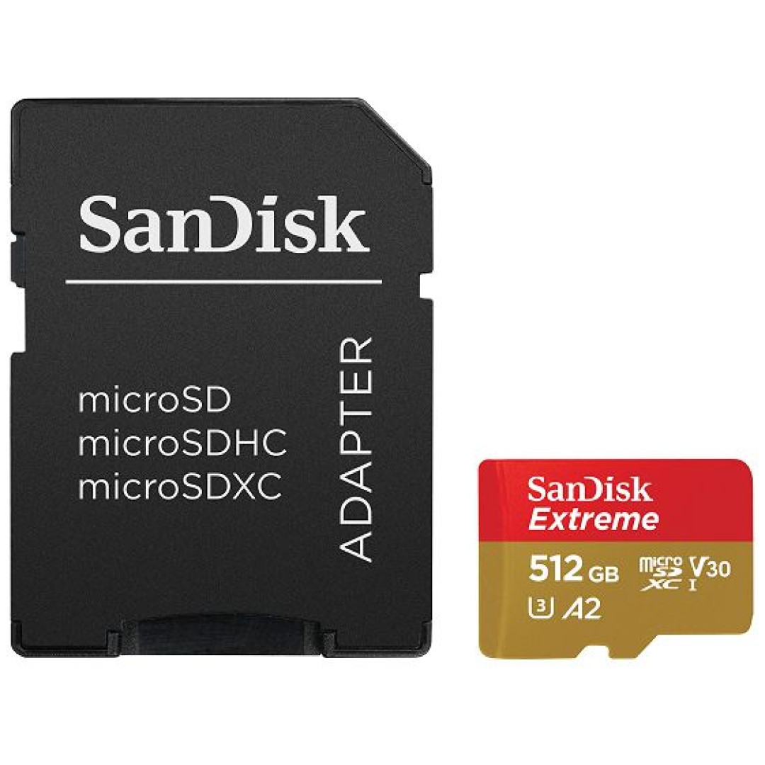 SanDisk Extreme microSDXC 512GB + SD Adapter 190MB/s & 130MB/s A2 C10 V30 UHS-I U3