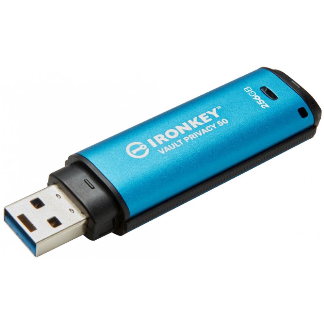 Spominski ključek 256GB USB 3.2 Kingston IronKey Vault Privacy 230MB/s 30MB/s - kovinski/brez pokrovčka/modro-črna (IKVP50/256GB)