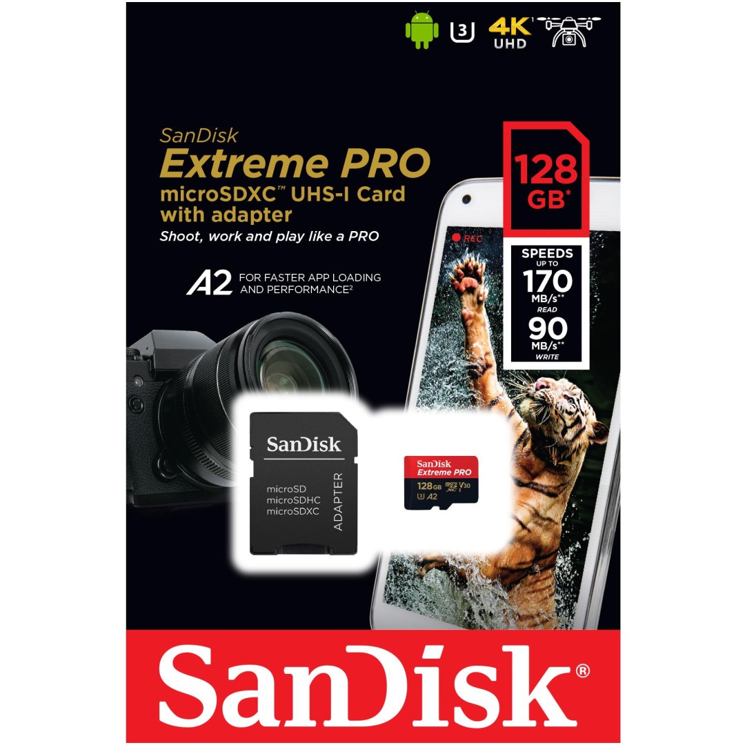 Spominska kartica SDXC-Micro 128GB Sandisk Extreme Plus 190MB/s/90MB/s U3 V30 UHS-I +adapter (SDSQXBD-128G-GN6MA)