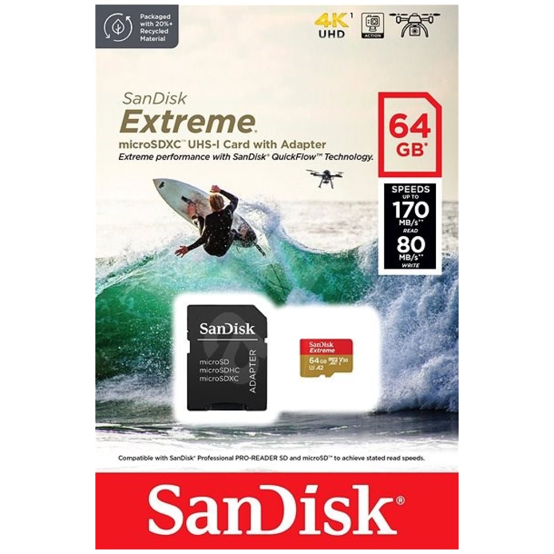 SanDisk Extreme microSDXC 64GB for Action Cams and Drones + SD Adapter 170MB/s & 80MB/s A2 C10 V30 UHS-I U3