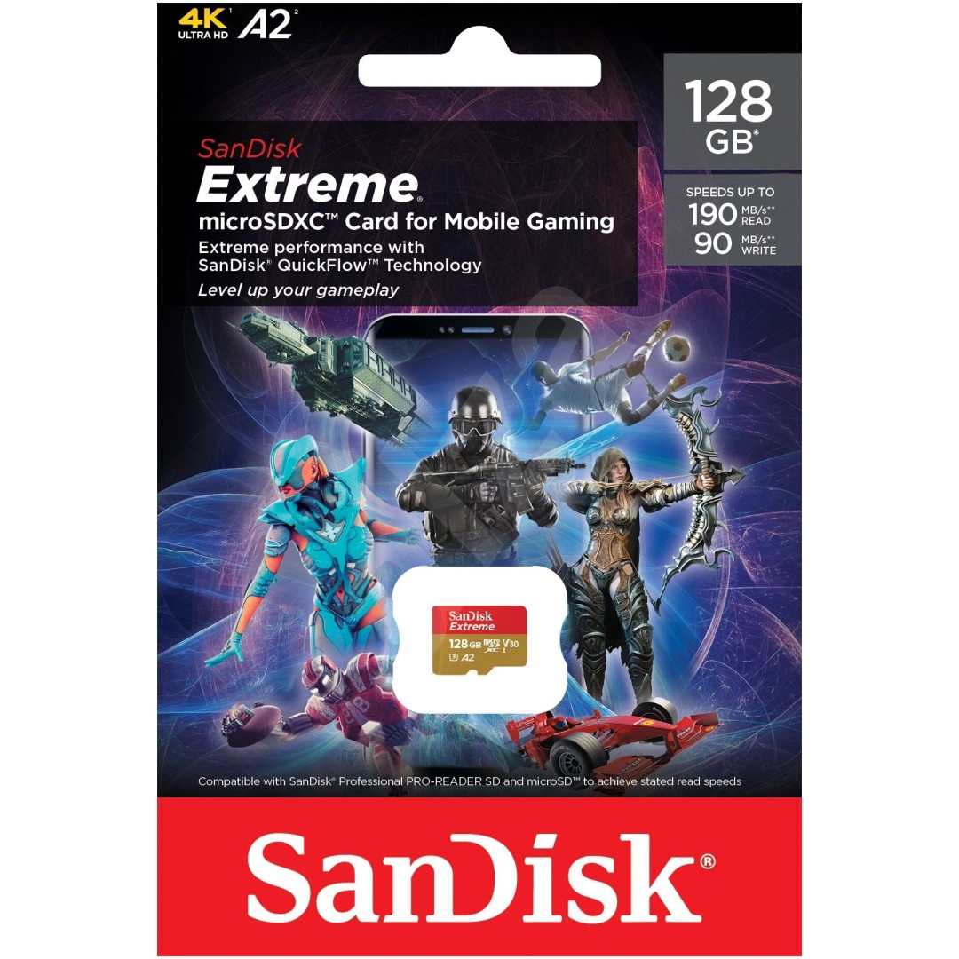 SanDisk Extreme microSDXC Mobile Gaming 128GB hitrost190MB/s & 90MB/s A2 C10 V30 UHS-I U3