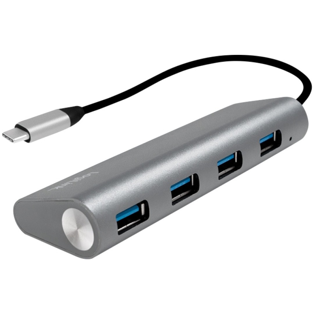 HUB USB-C => 4x USB 3.0 tip A Logilink ALU ohišje siv + napajalnik (UA0309)