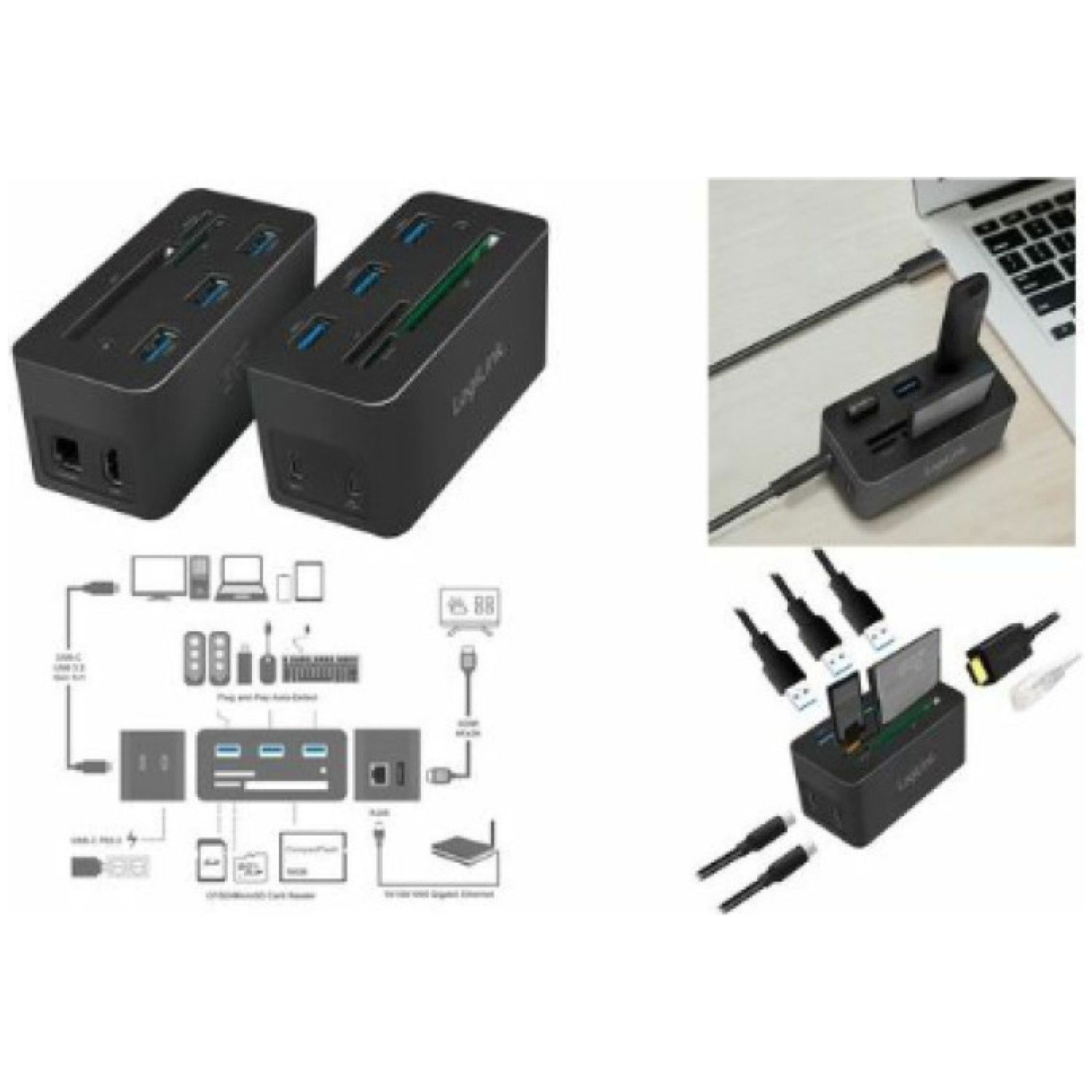 Priklopna postaja USB-C => 3x USB 3.0 2xUSB-C(PD 60W) 1x 4K HDMI čitalec kartic microSD SD CF 1x RJ45 Logilink (UA0370)