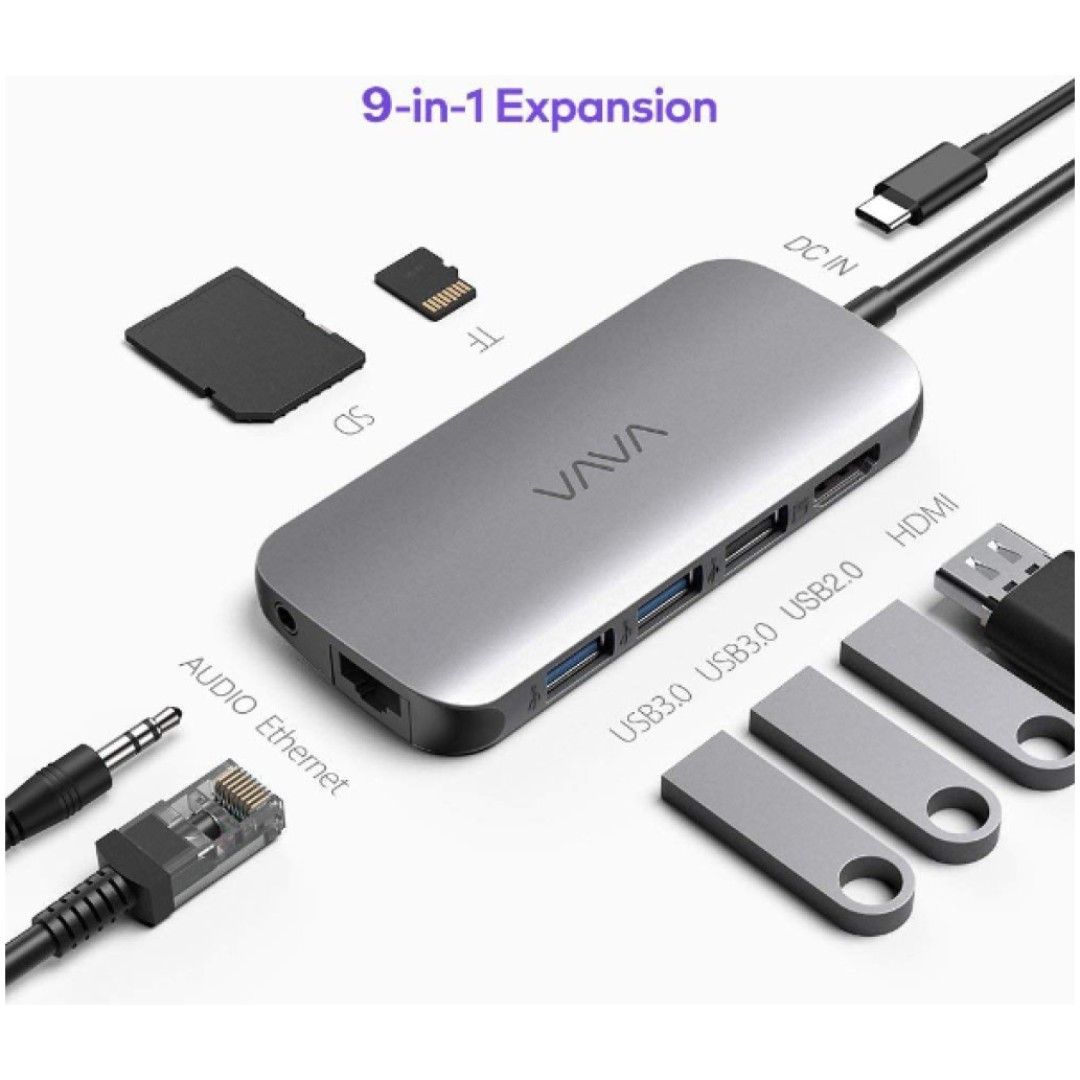 Priklopna postaja USB-C => VAVA 2x USB 3.0 1x USB 2.0 tip HDMI 4K ETH LAN SD in microSD PD 60W (VA-UC006)