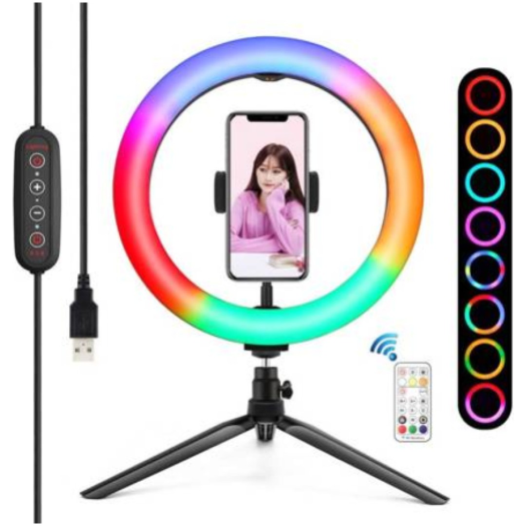 Selfie LED svetlobni obroč Puluz za pametni telefon s stojalom 26cm RGBW (PKT3082B)