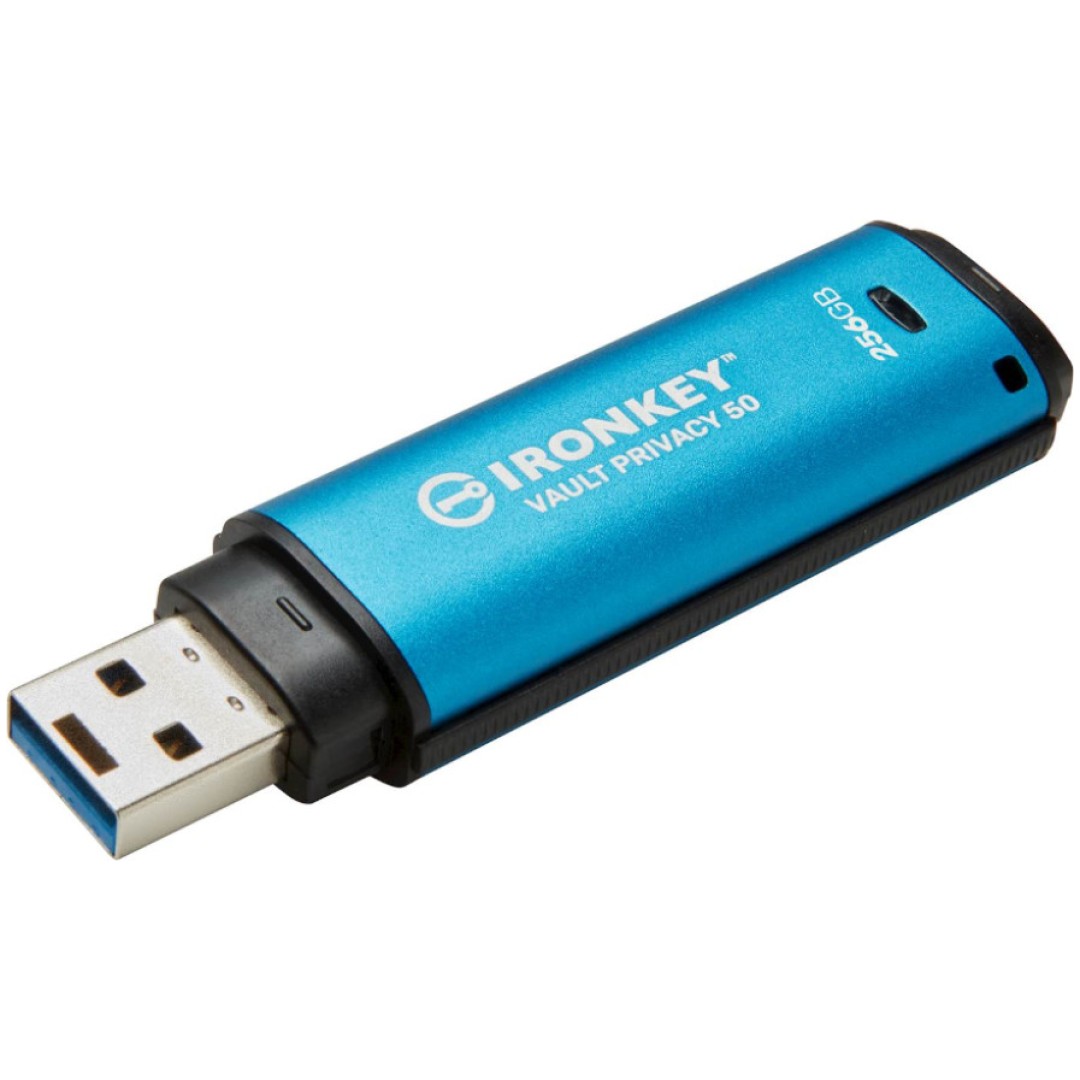Spominski ključek 256GB USB 3.2 Kingston IronKey Vault Privacy 230MB/s 30MB/s - kovinski/brez pokrovčka/modro-črna (IKVP50/256GB)