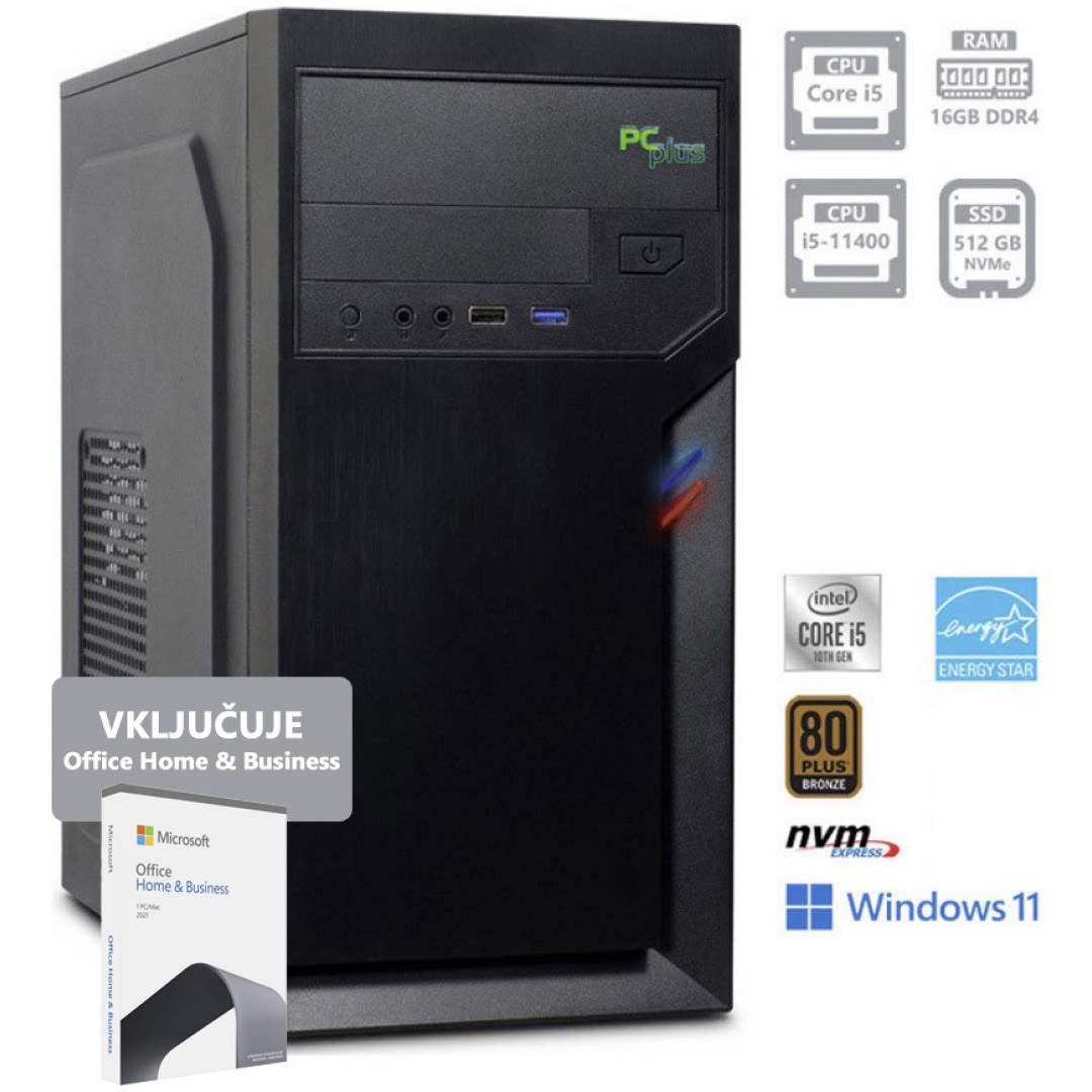 PCPLUS E-machine i5-11400 16GB 512GB NVMe SSD Windows 11 Pro Office Home & Bus namizni računalnik