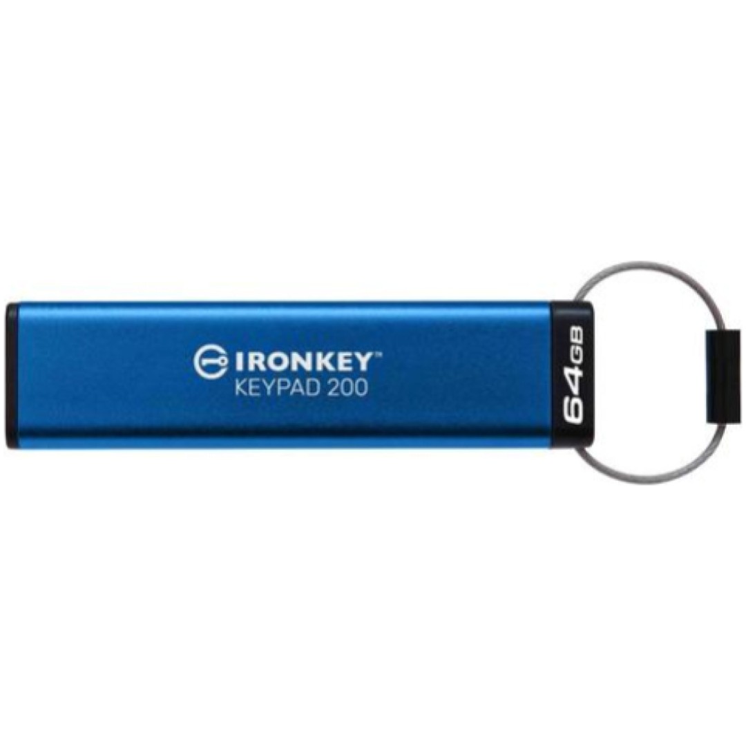 Spominski ključek 64GB USB 3.2 Kingston IronKey Keypad 200 145MB/s 115MB/s kovinski-plastičen s pokrovčkom PIN tipkovnica moder (IKKP200/64GB)