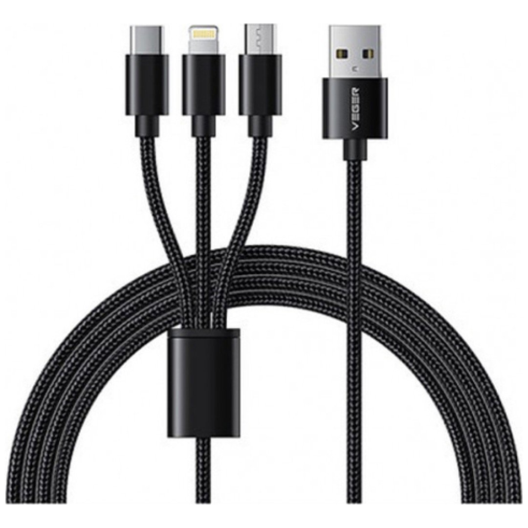 VEGER V303 pleteni kabel 3v1 USB-A na USB-C/Lightning/MicroUSB