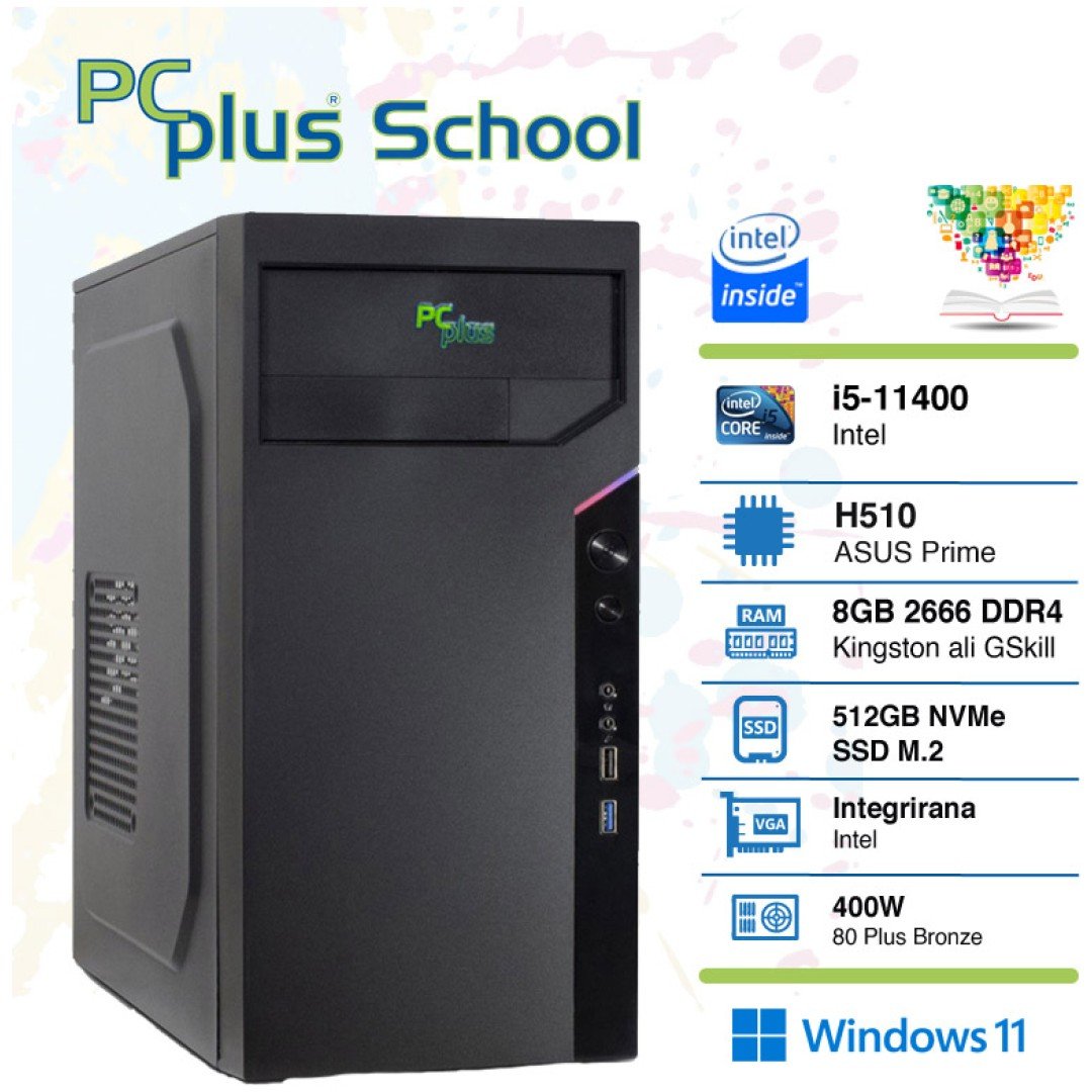 PCPLUS School i5-11400 8GB 512GB NVMe SSD Windows 11 PRO EDU namizni računalnik