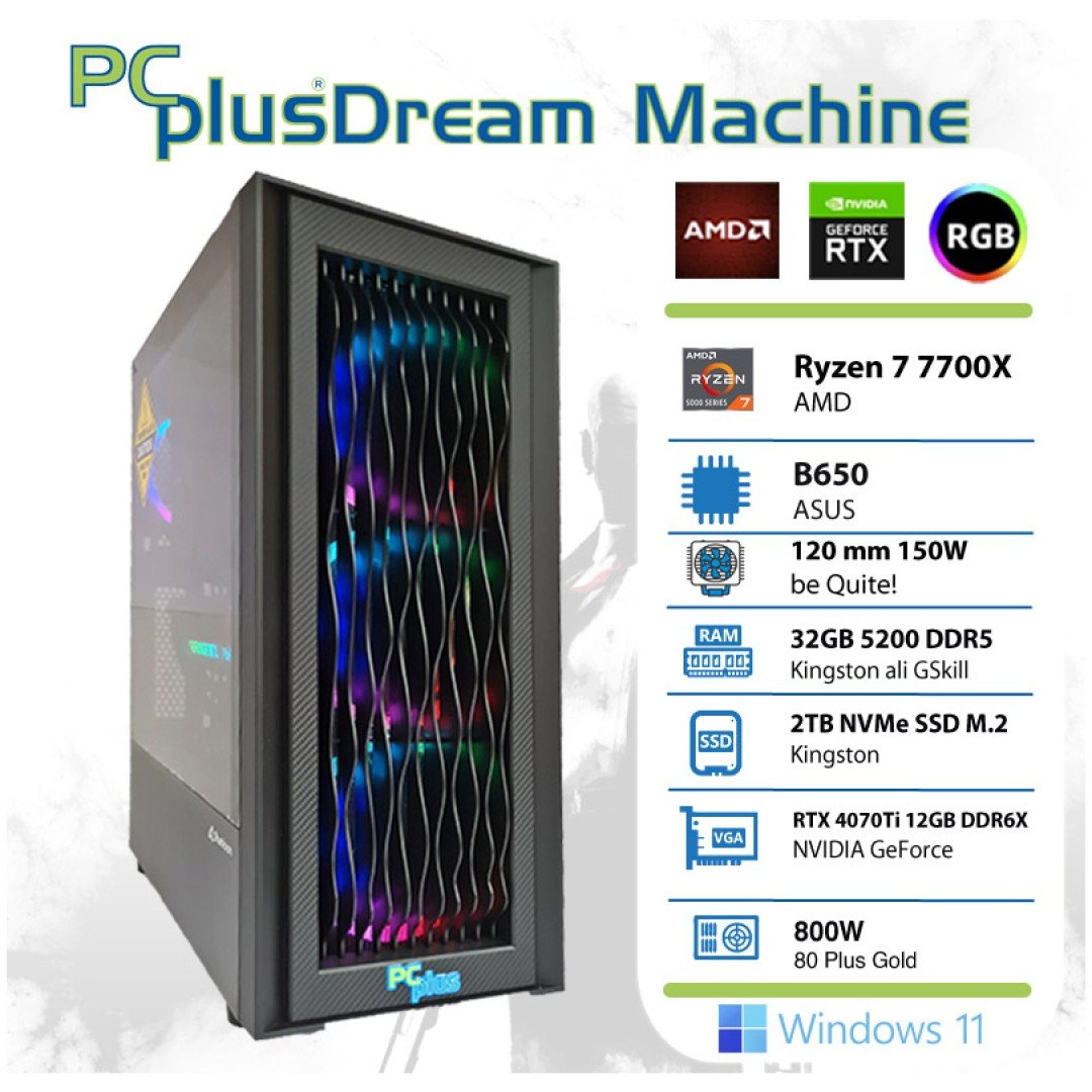 PCPLUS Dream Machine Ryzen 7 7700X 32GB 2TB NVMe SSD GeForce RTX 4070Ti 12GB Windows 11 Home gaming namizni računalnik