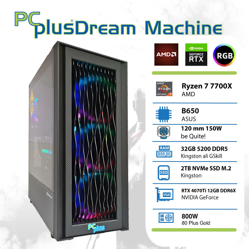 PCPLUS Dream Machine Ryzen 7 7700X 32GB 2TB NVMe SSD GeForce RTX 4070Ti 12GB gaming namizni računalnik