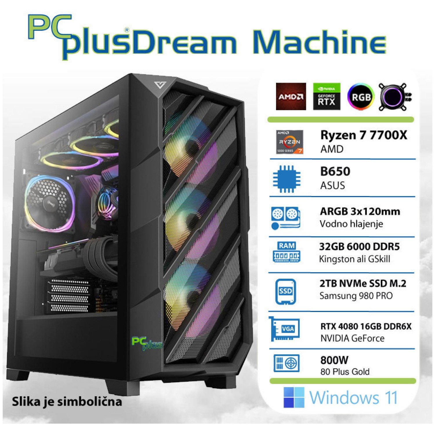 PCPLUS Dream Machine Ryzen 7 7700X 32GB 2TB NVMe SSD GeForce RTX 4080 16GB Windows 11 Home vodno hlajenje gaming namizni računalnik