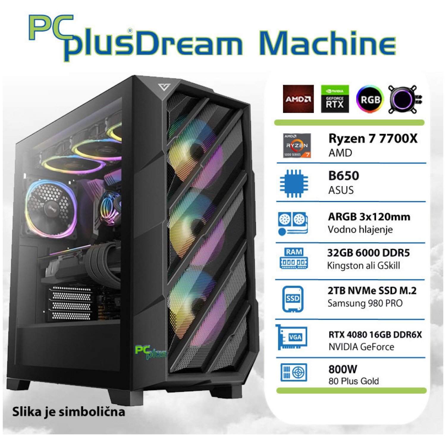 PCPLUS Dream Machine Ryzen 7 7700X 32GB 2TB NVMe SSD GeForce RTX 4080 16GB vodno hlajenje gaming namizni računalnik