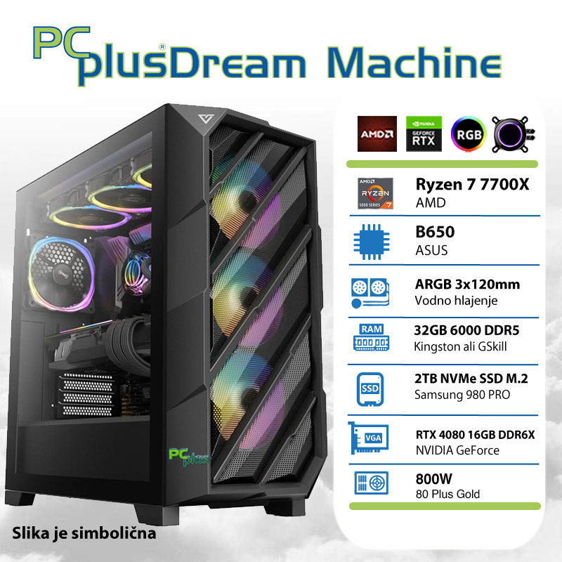 PCPLUS Dream Machine Ryzen 7 7700X 32GB 2TB NVMe SSD GeForce RTX 4080 16GB gaming namizni računalnik