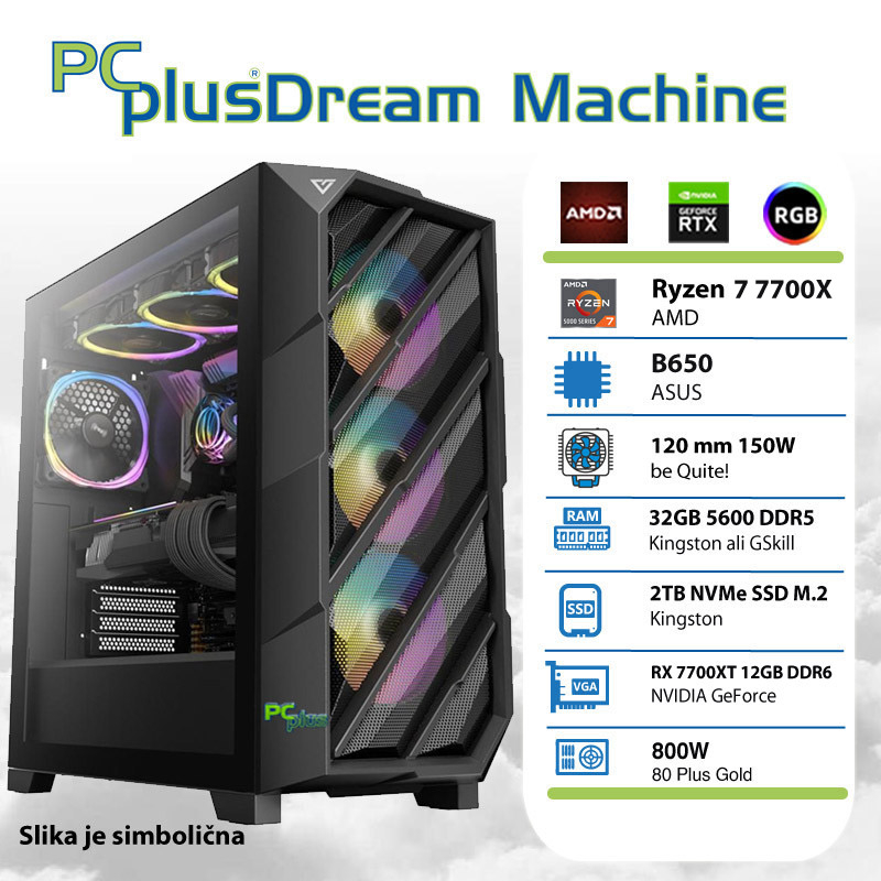 PCPLUS Dream Machine Ryzen 7 7700X 32GB 2TB NVMe SSD RX 7700XT 12GB gaming namizni računalnik
