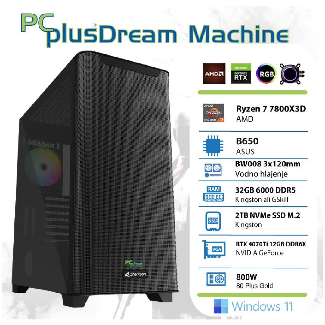 PCPLUS Dream Machine Ryzen 7 7800X3D 32GB 2TB NVMe SSD GeForce RTX 4070Ti 12GB Windows 11 Home gaming namizni računalnik