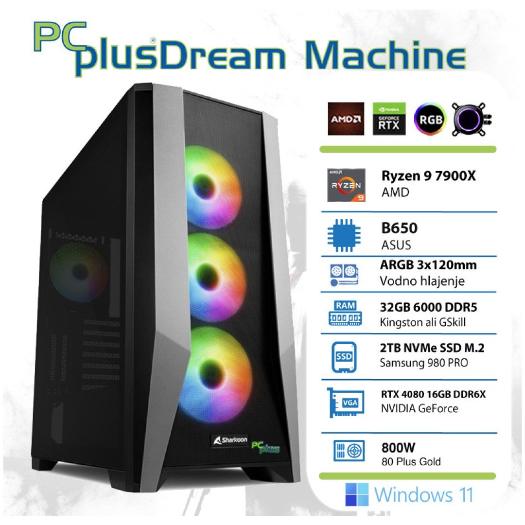 PCPLUS Dream Machine Ryzen 9 7900X 32GB 2TB NVMe SSD GeForce RTX 4080 16GB Windows 11 Home vodno hlajenje gaming namizni računalnik