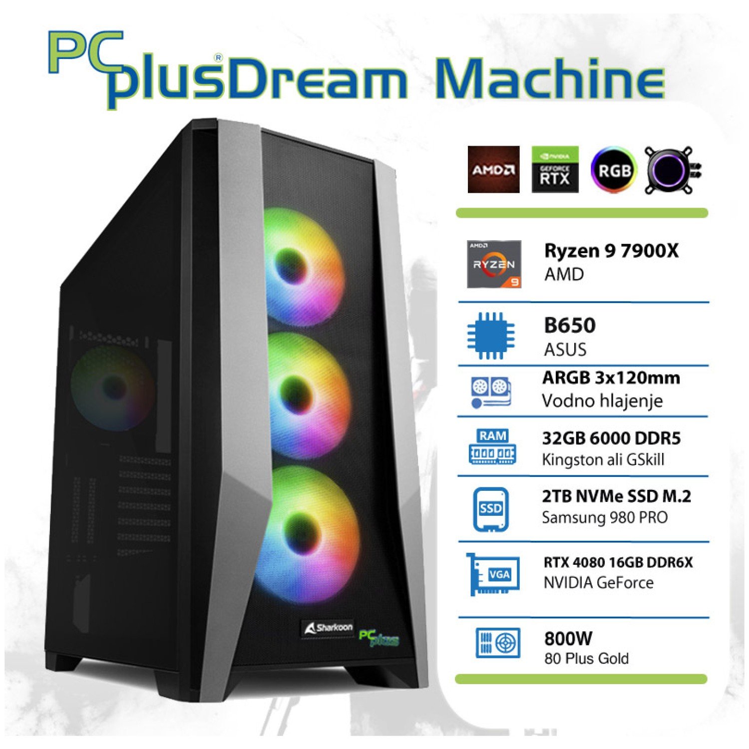 PCPLUS Dream Machine Ryzen 9 7900X 32GB 2TB NVMe SSD GeForce RTX 4080 16GB vodno hlajenje gaming namizni računalnik