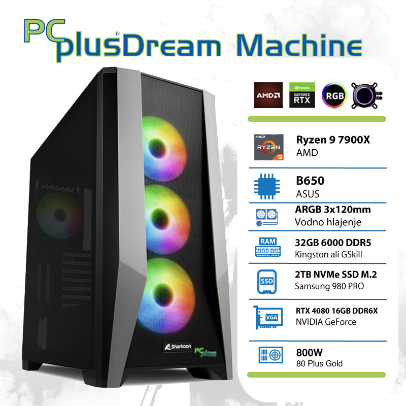 PCPLUS Dream Machine Ryzen 9 7900X 32GB 2TB NVMe SSD GeForce RTX 4080 16GB gaming namizni računalnik
