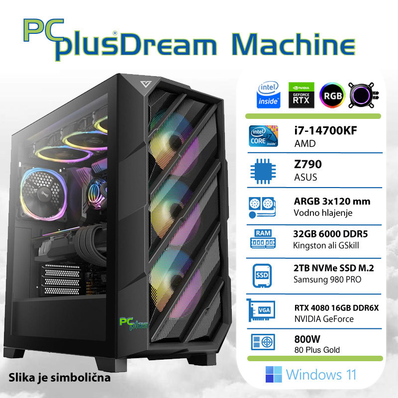 PCPLUS Dream Machine i7-14700KF 32GB 2TB NVMe SSD GeForce RTX 4080 16GB Windows 11 Home gaming namizni računalnik