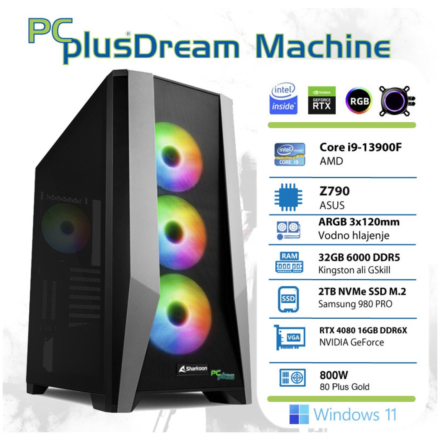 PCPLUS Dream Machine i9-13900F 32GB 2TB NVMe SSD GeForce RTX 4080 16GB Windows 11 Home vodno hlajenje gaming namizni računalnik