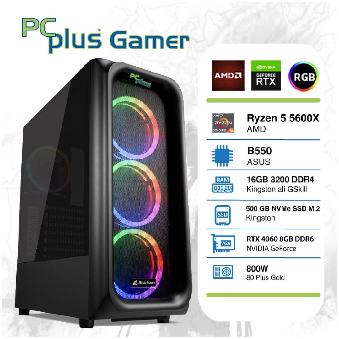 PCPLUS Gamer R5-5600X 16GB 500GB NVMe SSD RTX 4060 8GB DDR6 RGB gaming namizni računalnik