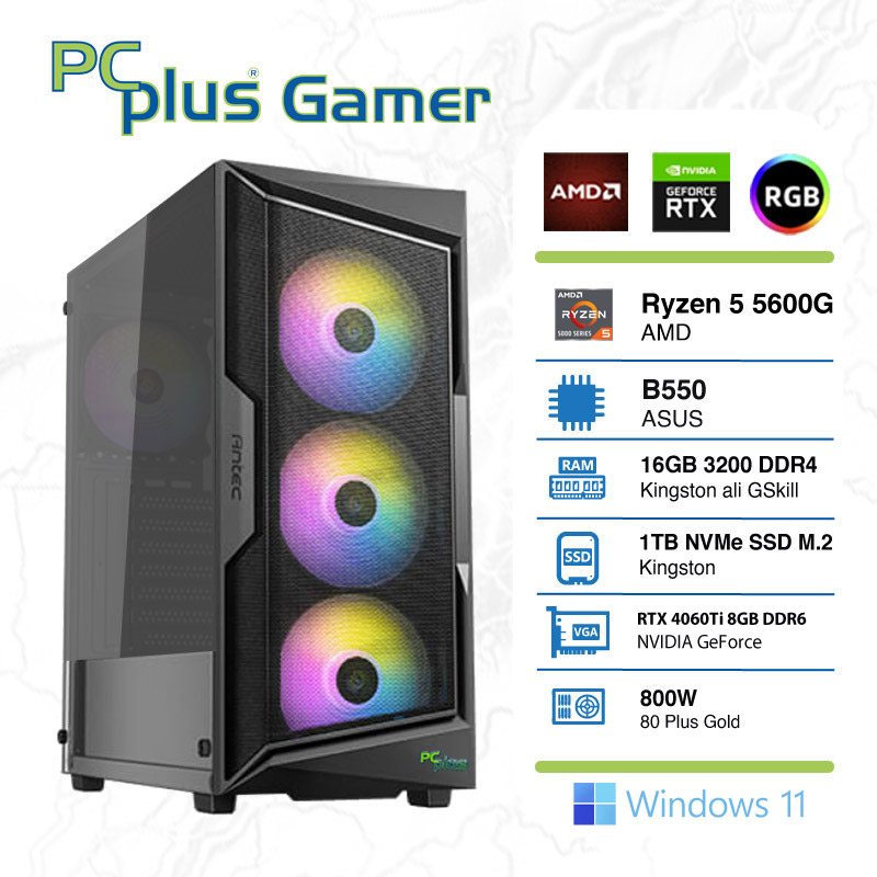 PCPLUS Gamer Ryzen 5 5600G 16GB 1TB NVMe SSD GeForce RTX 4060 Ti 8GB RGB Windows 11 Home gaming namizni računalnik