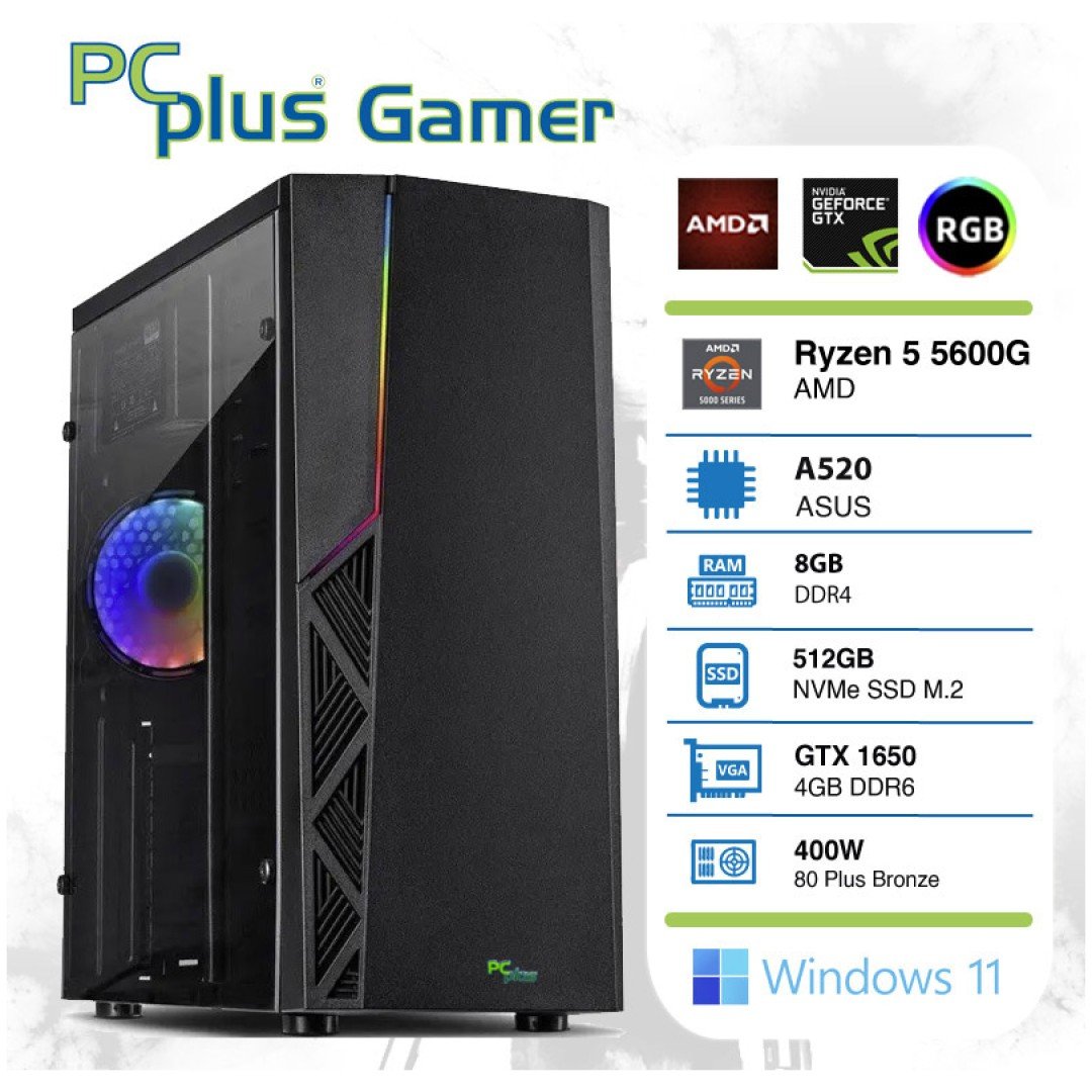 PCPLUS Gamer Ryzen 5 5600G 8GB 512GB NVMe SSD GeForce RTX 1650 4GB Windows 11 Home RGB gaming namizni računalnik