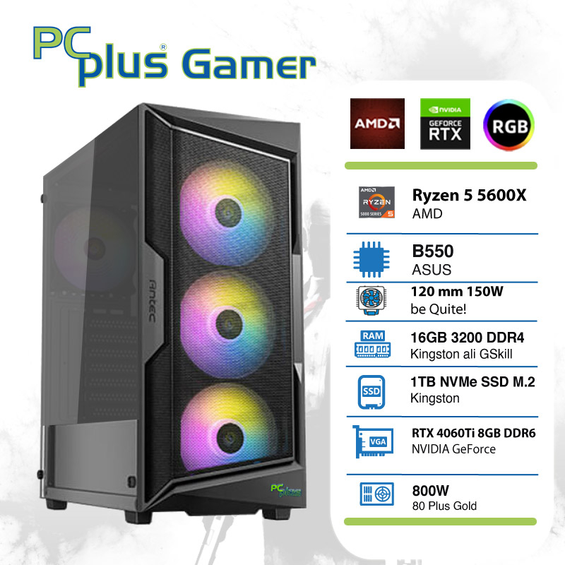 PCPLUS Gamer Ryzen 5 5600X 16GB 1TB NVMe SSD GeForce RTX 4060 Ti 8GB RGB gaming namizni računalnik