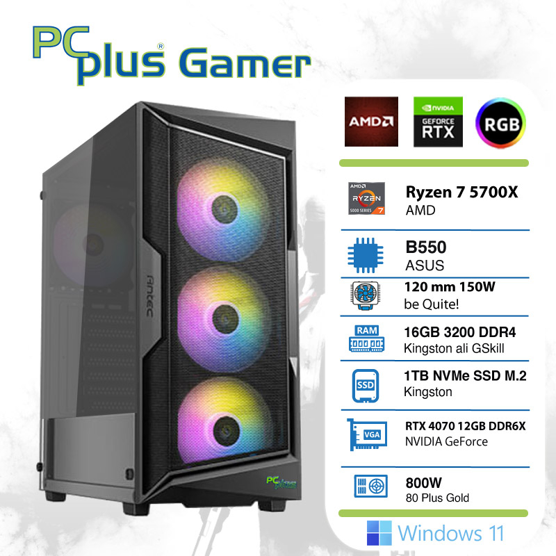 PCPLUS Gamer Ryzen 7 5700X 16GB 1TB NVMe SSD GeForce RTX 4070 12GB RGB Windows 11 Home gaming namizni računalnik