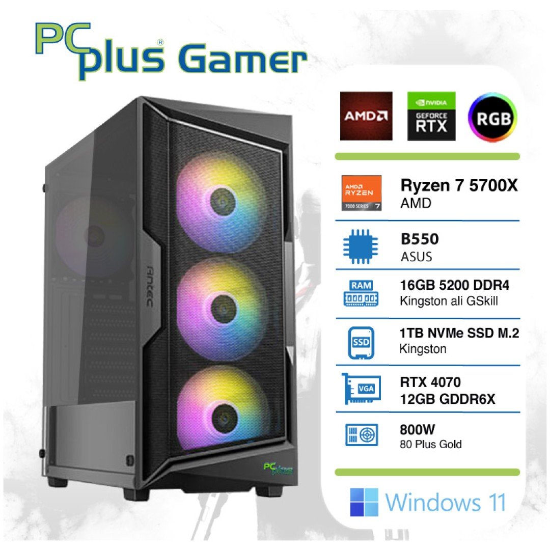 PCPLUS Gamer Ryzen 7 5700X 16GB 1TB NVMe SSD GeForce RTX 4070 12GB RGB gaming namizni računalnik