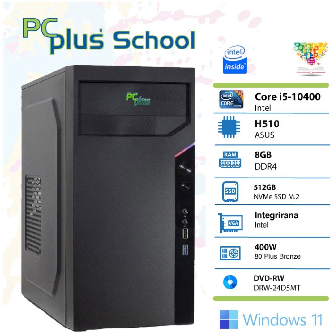 PCPLUS School i5-10400 8GB 512GB NVMe SSD Windows 11 PRO EDU namizni računalnik