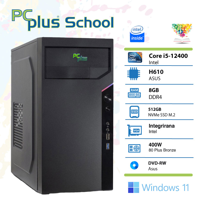PCPLUS School i5-12400 8GB 512GB NVMe SSD Windows 11 PRO EDU namizni računalnik