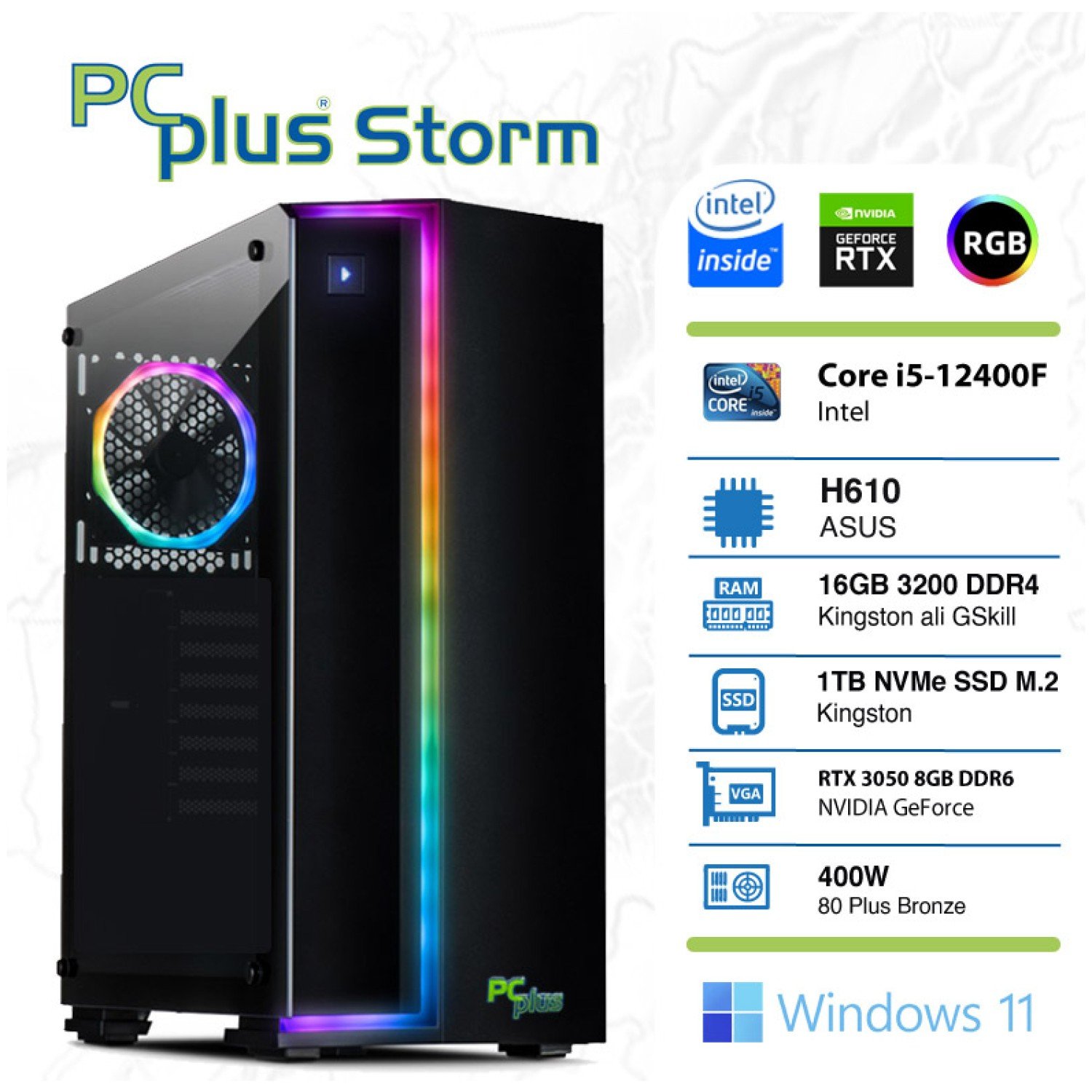 PCPLUS Storm i5-12400F 16GB 1TB NVMe SSD GeForce RTX 3050 8GB Windows 11 Home RGB gaming namizni računalnik