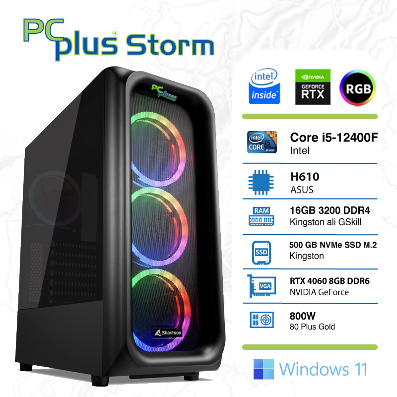 PCPLUS Storm i5-12400F 16GB 500GB NVMe SSD GeForce RTX 4060 DDR6 8GB Windows 11 Home RGB gaming namizni računalnik