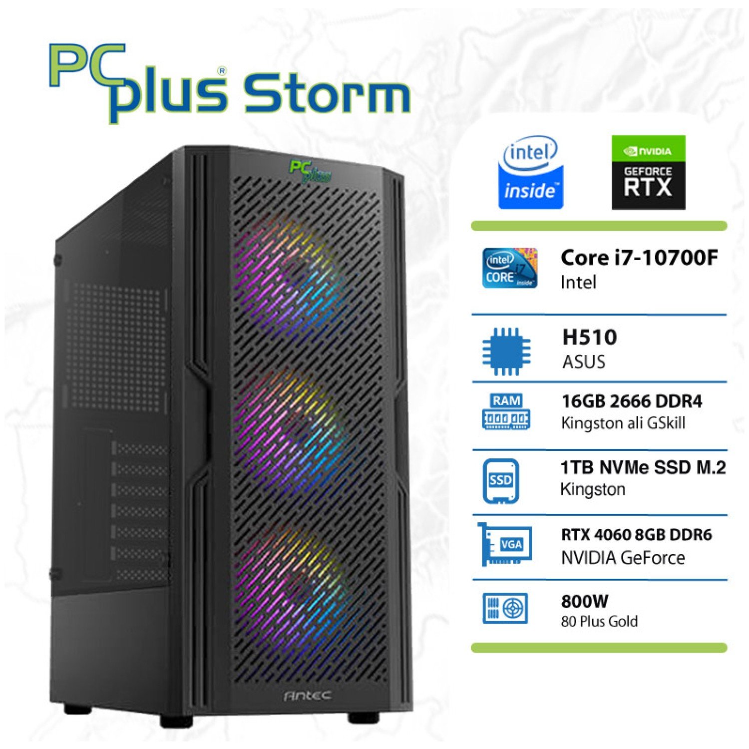 PCPLUS Storm i7-10700F 16GB 1TB NVMe SSD GeForce RTX 4060 8GB RGB gaming namizni računalnik