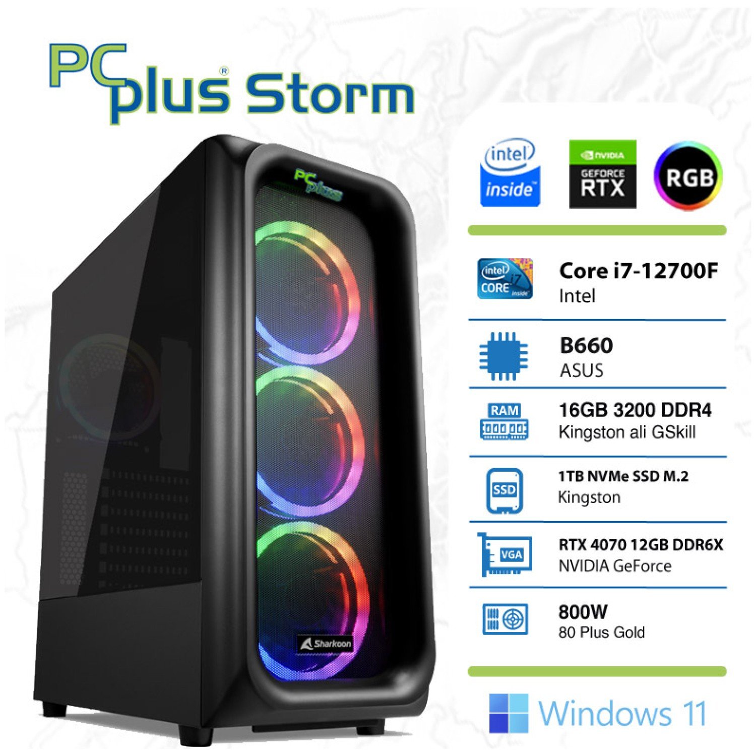 PCPLUS Storm i7-12700F 16GB 1TB NVMe SSD GeForce RTX 4070 12GB RGB Windows 11 Home gaming namizni računalnik