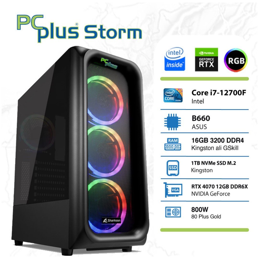 PCPLUS Storm i7-12700F 16GB 1TB NVMe SSD GeForce RTX 4070 12GB RGB gaming namizni računalnik
