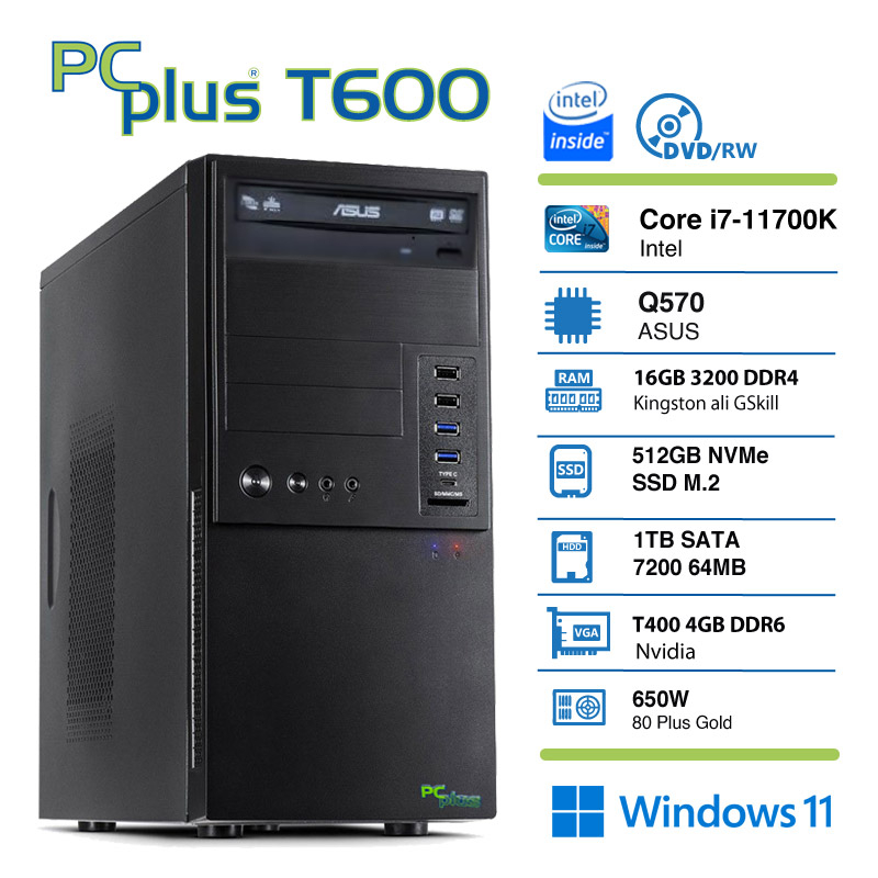 PCPLUS T600 i7-11700K 16GB 512 NVMe SSD 1TB HDD Nvidia T400 4GB GDDR6 Windows 11 Pro tipkovnica miška namizni računalnik