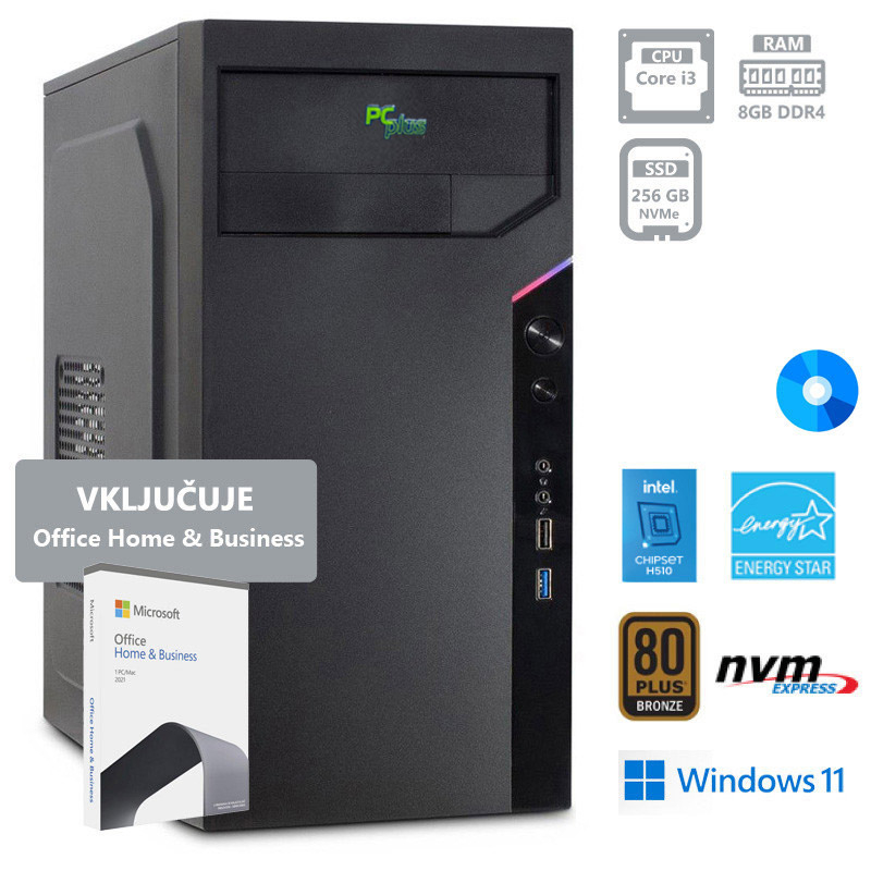 PCPLUS e-office i3-10100 8GB 256GB NVMe SSD Windows 11 Pro Office Home & Bus namizni računalnik