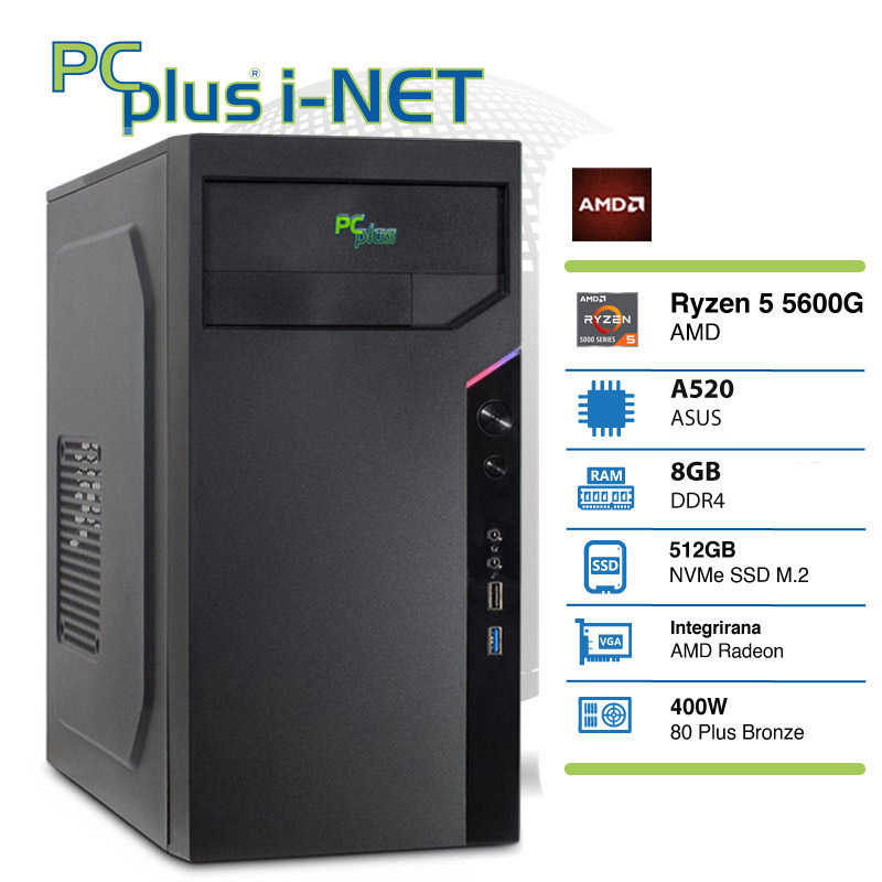 PCPLUS i-NET Ryzen 5 5600G 8GB 512GB NVMe M.2 SSD namizni računalnik