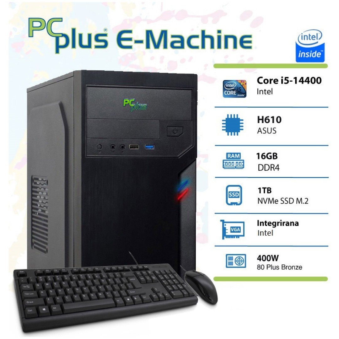 PCPLUS E-machine i5-14400 16GB 1TB NVMe SSD tipkovnica miška namizni računalnik