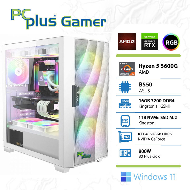 PCPLUS Gamer Ryzen 5 5600G 16GB 1TB NVMe SSD GeForce RTX 4060 8GB RGB Windows 11 Home gaming namizni računalnik